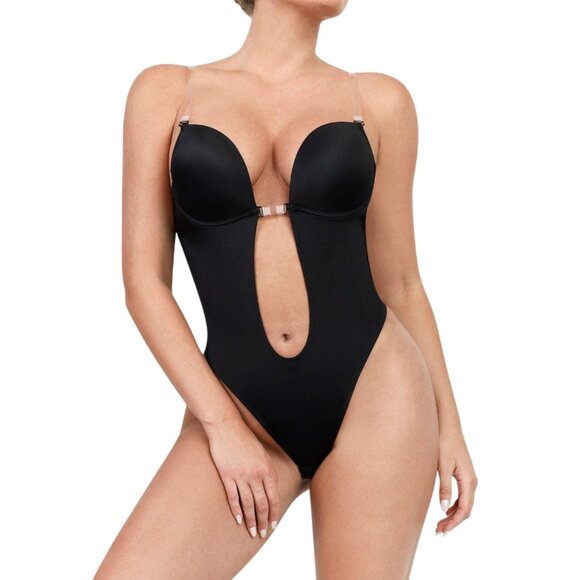 Backless Deep U Plunge Thong Bodysuit Built-in Invisible Bra Sculpting Shapewear - Picture 2 of 9